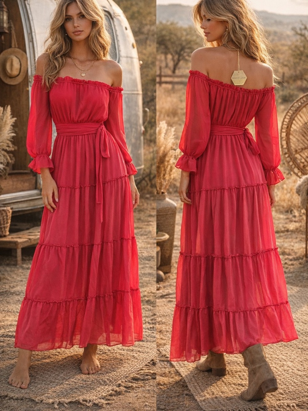 PinkBlush NWT Pink Off Shoulder Maxi Dress Sheer Romantic Boho Tiered Small